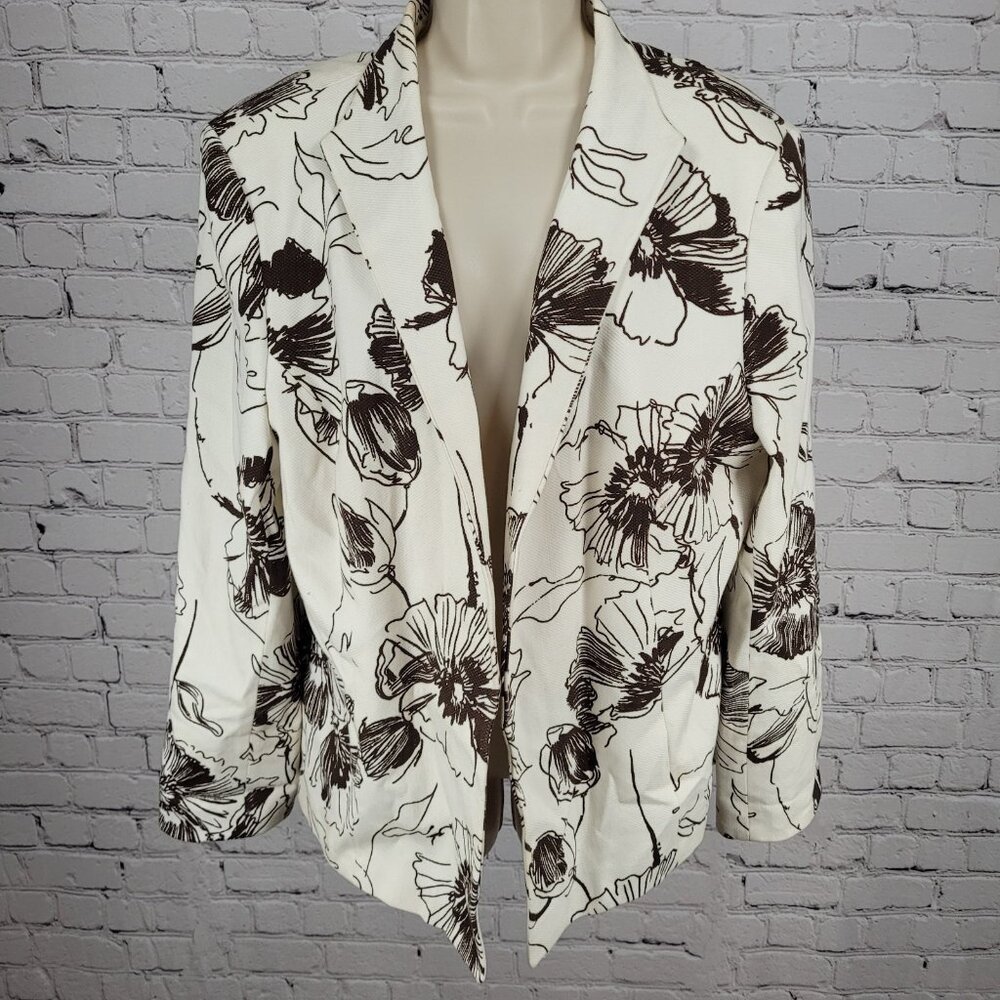 VTG Austin Reed Ivory Brown Cotton Stretch Floral Open Lined Jacket Size 14W
